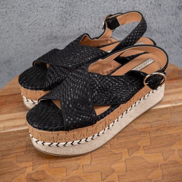Zara Trafaluc Black Woven Cork Contrast Wedge Platform Sandals Size 37 - Picture 4 of 7